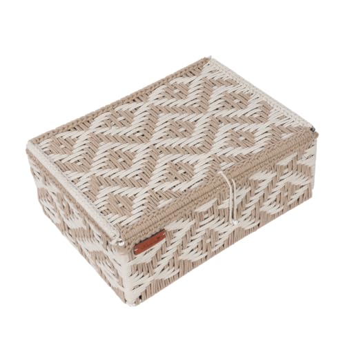Image of Kaahira Handmade Decorative Storage Box and Organiser | Macrame Gift Hamper Box for Cosmetics, Toiletries & Return Gifts | Aesthetic Rope Woven Organizer (Beige and White, Large - 14x10x4)