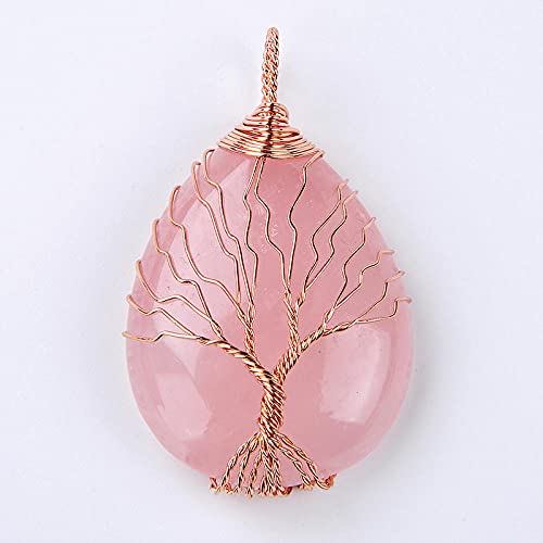 Rose Goud Kleur Wire Wrap Levensboom Water Drop Hanger voor Vrouwen Ketting Natuursteen Paars Roze Kristallen Hangers… - Image 6