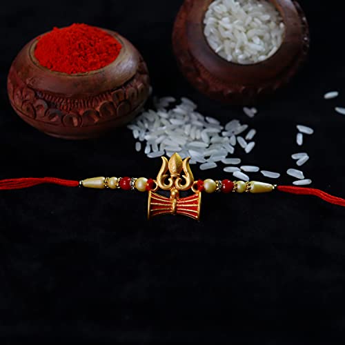 Image of DeoDap Multicolor Trishul Rakhi Bracelet Magic 32gm with Choco Magic 32gm, Silver Pooja Coin, Tilak Set, Greeting Card - Rakhi Gift for Brother