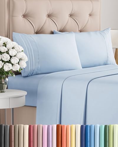 Full Size 4 Piece Sheet Set - Comfy Breathable & Cooling Bed Sheets Set - Hotel Luxury Bedding for Women, Men, Kids, Teens, Boys & Girls - Deep Pockets, Ultra-Soft, Wrinkle Free - Oeko-Tex - Sky Blue