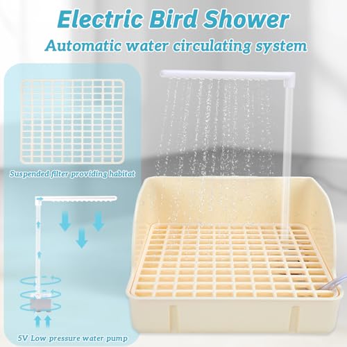 Image of Automatic Bird Bath Fountain, USB Powered Bathtub for Parrots | Chew-Proof Anti-Bite Power Cord, Running Water Faucet Showers, Beige Tub for Parakeets, Cockatiels, Conures, African Greys