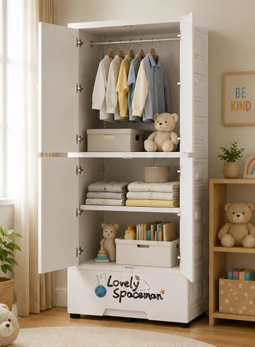 Image of Kids Plastic Wardrobe for Clothes Storage | Baby Cupboard & Almirah with Hanging Rod & Shelves | Portable Collapsible Storage Cabinet for Bedroom | Cartoon Kids Wardrobe