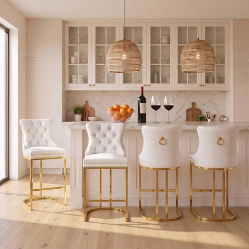 Image of UVV Counter Height Bar Stools Set of 4, 26 inch Modern Barstools with Back, Frbric Upholstery Counter Chairs with Metal Legs for Kitchen Island, Bar, Counter, White