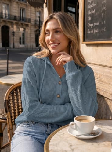 Image of Dokotoo Hoodies for Women Waffle Knit Button V Neck Casual Sweatshirt Tops