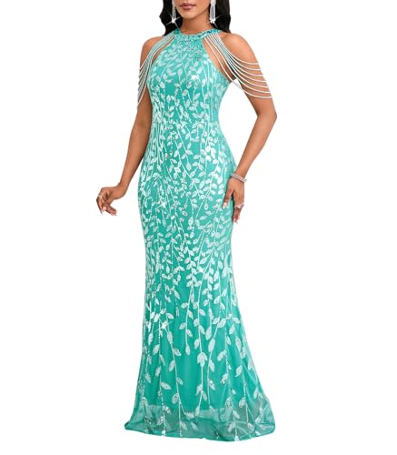 Image of Cololura Women Sexy Elegant Sequin Tassel Off Shoulder Halter Bodycon Maxi Dress Party Evening Gown Formal Dress
