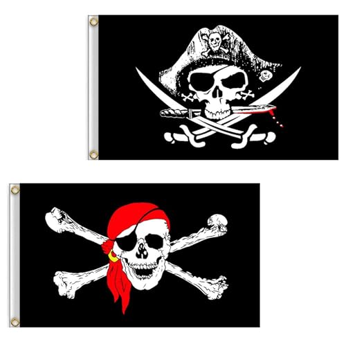 Dyung Tec Pirate Flag 2 PCS 2 x 3 Skull and Crossbones Jolly Roger Flag for Outdoor