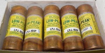 5 FUSES - LPJ-15SP BUSSMANN 15 AMP, CURRENT LIMITING, DUAL ELEMENT FUSE 600V