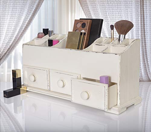 Vanity Drawer Beauty Organizer 3 Drawers - Wooden Cosmetic Storage Box for Neat & Organize Storing of Makeup Tools, Small Accessories at Home & Office Vanities & Bathroom Counter-top (Rustic White) - Thumbnail 4