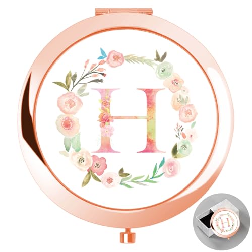 Personalized Gift Initial Compact Mirror w Box for Sister (H, Rose Gold)