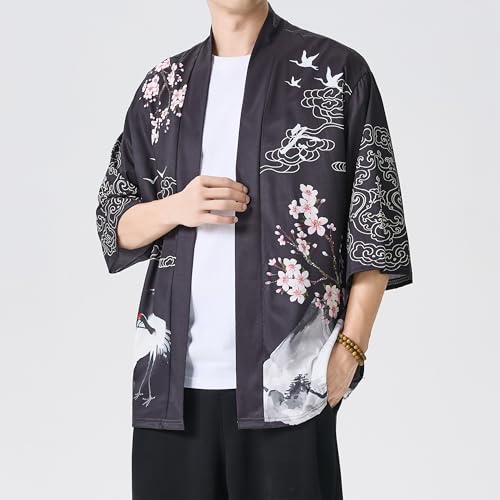 Image of PRIJOUHE Men's Lightweight Kimono Jacket Seven Sleeve Open Front Cardigan Coat Japanese Style Bathrobe