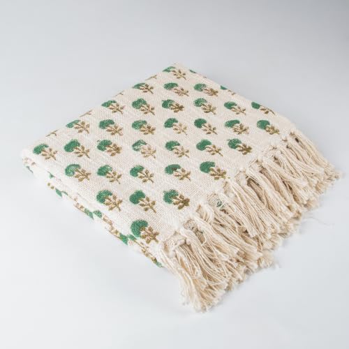 Image of Jute Cotton Hand Block Printed Sofa Throw 50 x 70 Inch or 127 x 177.8 Centimeters, Handmade Coverlet for Sofa, Couch & Living Room, Decorative Home Furnishing (Green Buti, Pack of 1)