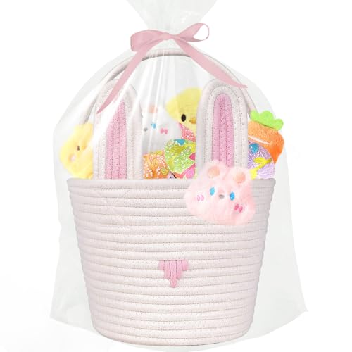 Image of Large Easter Basket for Kids Woven Easter Bunny Basket with Rabbit Ears, Bunny Egg Hunting Bag with Cute Rabbit Chicken Carrot Plush Decorations for Girls Boys Spring Presents