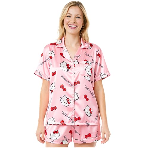 Get Trend Hello Kitty Pijama Corto Mujer, Kuromi Cinnamoroll Conjunto 2 Piezas con Camisa de Botones y Pantalones Cortos, Regalos Mujer (L Rosa Hello Kitty)