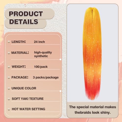 EMMOR Pre Stretched Braiding Hair 3 Packs Braid Crochet Hair 24 Inch Hot Water Setting Professional Soft Yaki Texture(Ombre Orange) - Image 3
