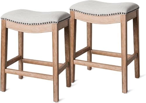 Maven Lane Adrien Backless Counter Stool â€“ Set of 2 â€“ 26 Inches â€“ Saddle Stool with Footrest â€“ Brown Solid Wood Frame & Natural Fabric Upholstery â€“ Perfect for Kitchen Islands & Counters