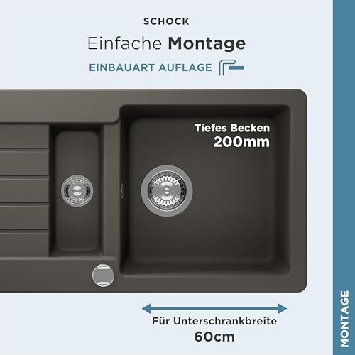 SCHOCK Küchenspüle Typos D-150S Asphalt 86x43,5 cm | Granitspüle aus CRISTALITE Grau mit Becken und Abtropffläche | Einbauspüle für 60 cm Unterschrank | Pflegeleicht und robust durch Quarzkomposit