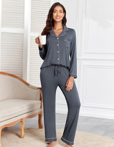 Image of Veseacky Women's Ribbed Knit Pajamas Set 2 Piece Warm Soft Loungewear Sleepwear Pjs S-XXL