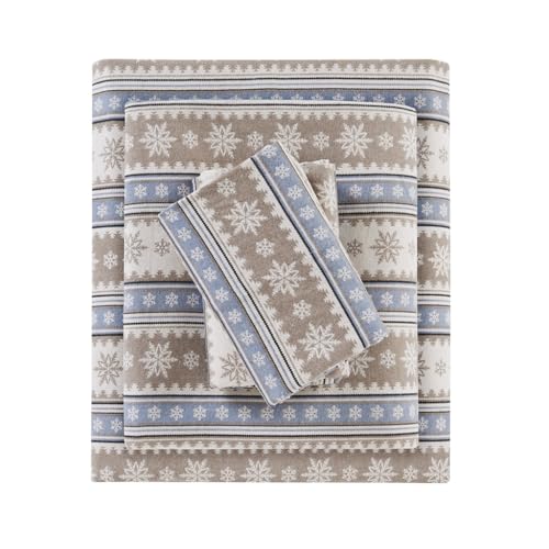 Image of Woolrich Cotton Sheet Set Cottage Charms Print, 100% Cotton Flannel Sheets Warm & Fuzzy Bedding Set King Size Sheets, Fitted Pocket Fits Up to 14 inch Mattress, King Blue Snowflake, 4 Piece