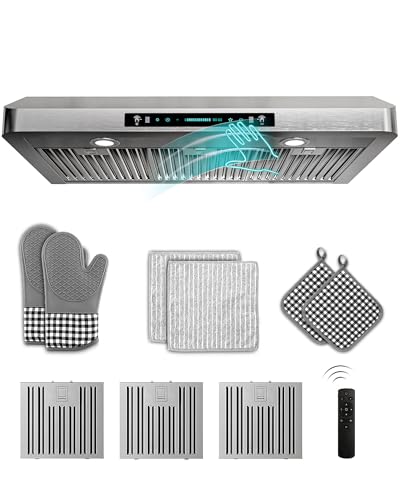 FlyPine 42 inch Stainless Steel Under Cabinet Range Hood - 900 CFM, Gesture Control, Ultra-Quiet 4-Speed Vent, LED Lights, External Venting