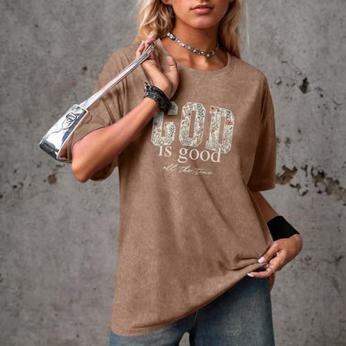 Image of Christian God is Good Shirts for Women Jesus Faith Religious T Shirts Floral Graphic Oversized Acid Washed Tee Tops