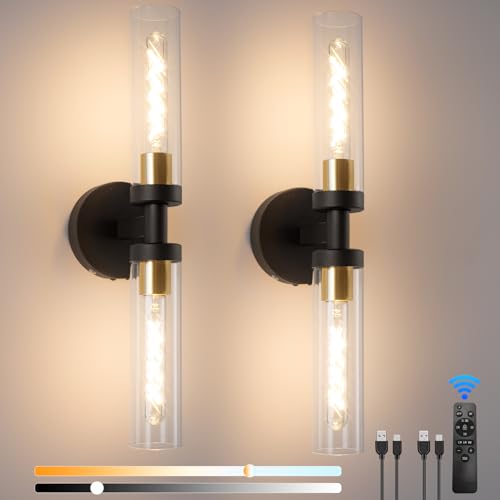 Image of Battery Operated Wall Sconces, Wall Sconce Set of 2, 3000K-6500K Black Rechargeable Wall Lamp with Remote, Indoor Non-Hardwired Wall Lamps, Modern Vanity Light for Bedroom, Living Room, Aisle