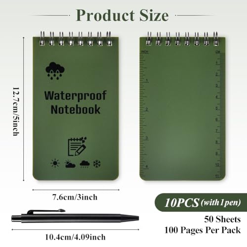 OSDUE 10 Stück Wasserdichte Notizblock,3 x 5 Zoll Pocket Notizbuch mit Stift Mini Allwetter-Notizblöcke mit Top-Spirale für Aktivitäten im Freien Aufnahmen Taktische Steno