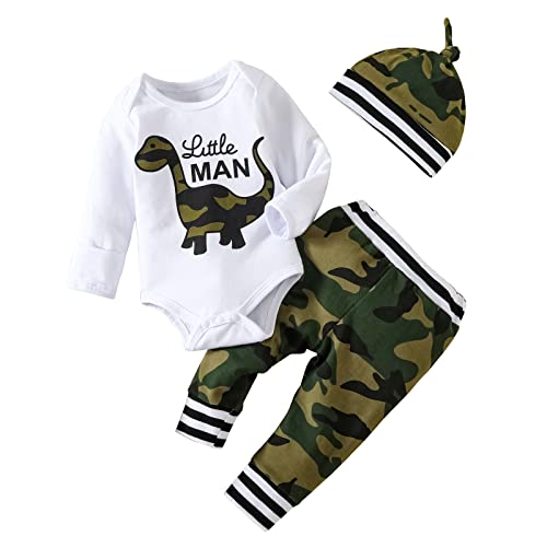 Newborn Infant Baby Boy Clothes Outfits 0-3 Months Long Sleeve Dinosaur Little Man Romper Camouflage Long Pants With Hat Baby Boy Outfits