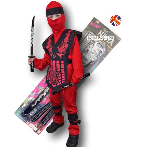 Rubber Johnnies TM DELUXE KIDS RED DRAGON NINJA COSTUME MORTAL KOMBAT FANCY DRESS (4-6 Years)