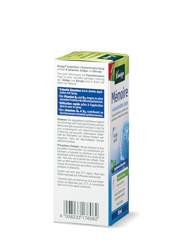 Kneipp Gedächtnis + Konzentration Spray - mit Nerven-Vitaminen B6 und B12 - ab 14 Jahren geeignet - 30ml