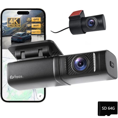 Faas S80 Dashcam Voiture 4K Ultra HD Avant et Arrière – Caméra de Voiture avec Carte 64Go Incluse, WiFi, Vision Nocturne, G-Sensor, Mode Parking & Grand Angle 160°