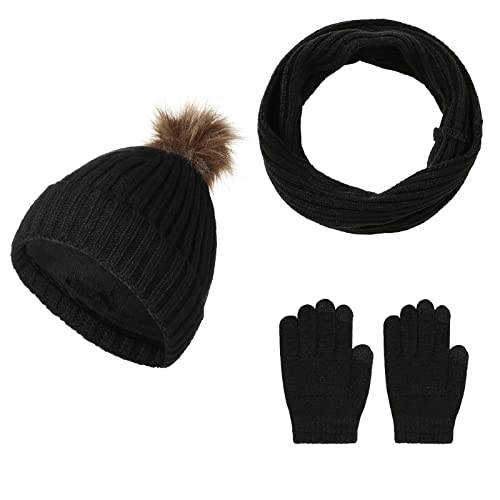Jarseila Femme Tricotés Bonnet Écharpe et Gants Hiver Chaud Ensemble Bonnet à Pompon Loop Écharpe Gants Écran avec Doublure Polaire Cover