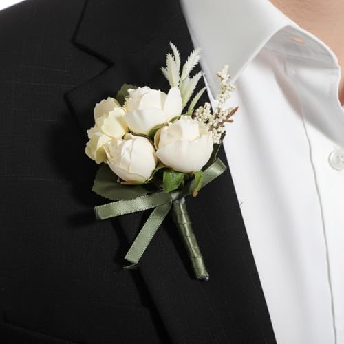 InnoHHustle Wedding White Rose Boutonniere Men's Flower Buttonholes Artificial Rose Flowers Groom Groomsmans Suit Decoration Boho Prom Boutonniere for Wedding Anniversary Formal Dinner Party
