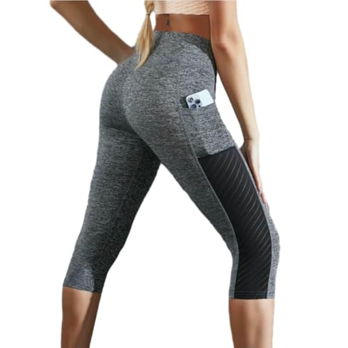 ZERAOKE Women Black Elastic Gym High Waist Yoga Capri Pants/Leggings with Pockets Tummy Control Workout Athletic Pants-Grey-M