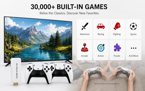 Image of HD Retro Game Stick for TV with 30,000+ Built-in Games, Wireless Dual Controllers, HDMI Plug & Play Video Game Console, 64GB TF Card Expandable to 128GB, 2 Player Gaming System for Kids & Adults