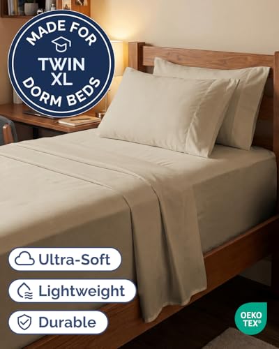 Image of Extra Deep Twin XL Sheet Set - 4 Piece Breathable & Cooling Sheets - Cream | Hotel Luxury Bed Sheets Set, Easy & Secure Fit, Ultra-Soft, Wrinkle & Fade Free, Comfy Sheets Set with Extra Deep Pockets