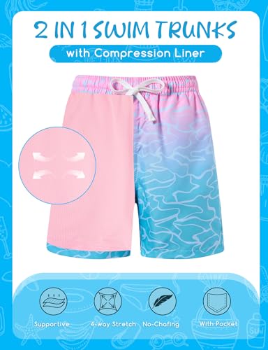 ZenGents Boys Swim Trunks Size 10-12 Boy Hawaiian Water Ripple Bathing Swimming Suit with Compression Liner Kids Pink Board Shorts Swimsuit Swimwear 12-14 — view 4