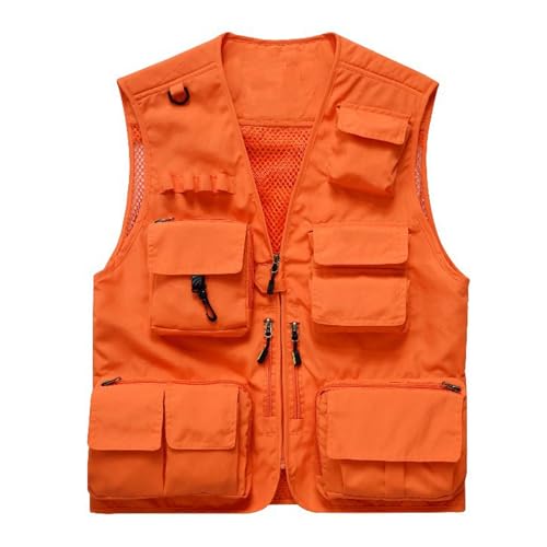 Image of Vivikivi Men's Classical Outdoor Fishing Vest, Utility Cargo Vest Mesh Waistcoat, Multi Pockets Gilet for Safari Camera Camping Hiking Travel Hunting Walking Tactical (Orange, L)