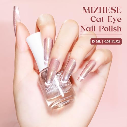 MIZHSE Quick Dry Cat Eye Nail Polish, Shimmery Pink Magnetic Nail Polish with Magnet, Air Dry Fast Nail Lacquer 15ml Reflective Cateye Polish for Women Girls Manicure DIY Home