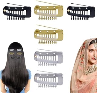 6pcs Chunni Clips with Safety Pins, Stainless Steel Hidden Chunni Grip Clip to Secure Wig no Sew Dupatta Clip in for Hair Extensions, Fixing Woman Hijab Veil Tikka Headscarf (Silver, Gold, Black)
