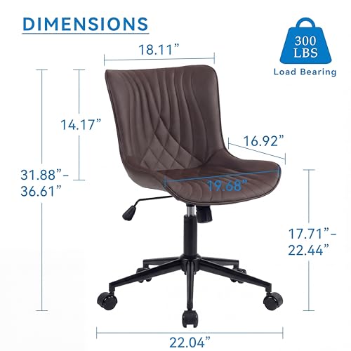 Image of YOUNIKE Office Chair Brown, Armless Desk Chair with Wheels, Home Office Task Chairs, Modern Faux Leather Upholstered Adjustable Swivel Rocking Chair with Back