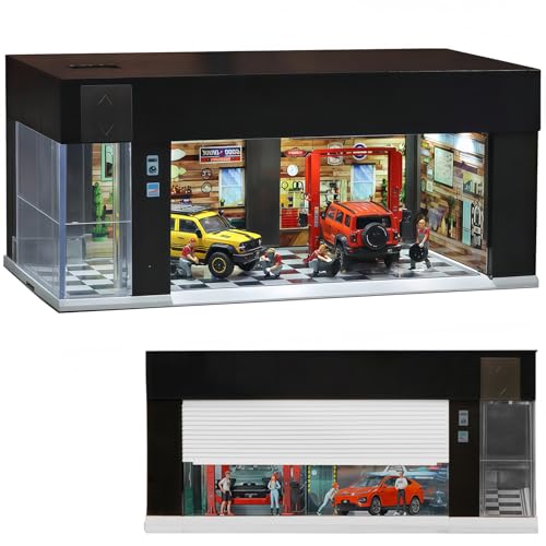 Storage for Hot Wheels 1/64 Scale Toy Car Display Case Stackable Parking Garage with Lights and Electric Voice-Control 3 Replaceable 3D Scene Dioramas (Black)