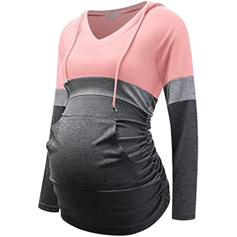 Bhome Maternity Hoodie Long Sleeves Shirt Casual V neck Top Pregnancy Sweatshirt Tunics Pink XL Cover