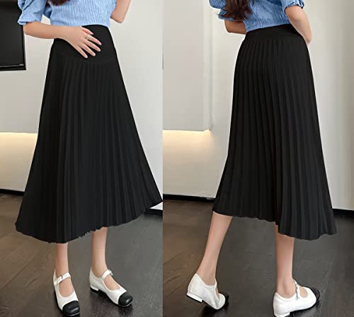Ryaonfky Women's Maternity High Waist Pleated Skirt Over The Belly Chiffon Midi Skirt Pregnancy A-Line Swing Skirt Black #TOP1