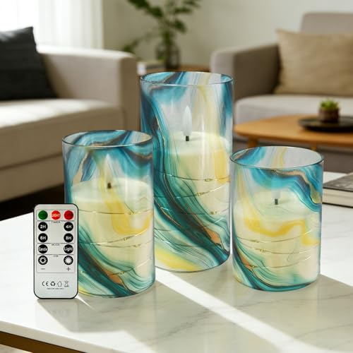Image of Flickering Flameless Candles, Recessed String Light LED Candles 3D Wick Acrylic Battery Operated LED Pillar Candles with Remote and Timer for Modern Simple Home Decor Set of 3(Marble Printed)