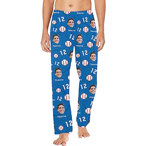 Custom Mens Baseball Pajamas Pants with Photo Name Number, Personalized Sleepwear Bottoms PJs for Dad Him Boyfriend