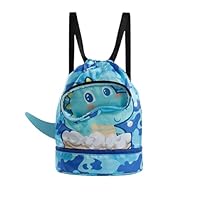 KLVGTIFS Bolsa de Natación Niño, Mochila Cuerdas Separación en Seco Húmedo, Niños Mochila de Fitness con Compartimento para Zapatos, Impermeable Bolsa de Deporte para Piscina y Playa, Dinosaurio Azul