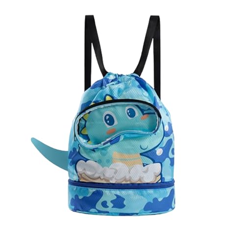 KLVGTIFS Bolsa de Natación Niño, Mochila Cuerdas Separación en Seco Húmedo, Niños Mochila de Fitness con Compartimento para Zapatos, Impermeable Bolsa de Deporte para Piscina y Playa, Dinosaurio Azul