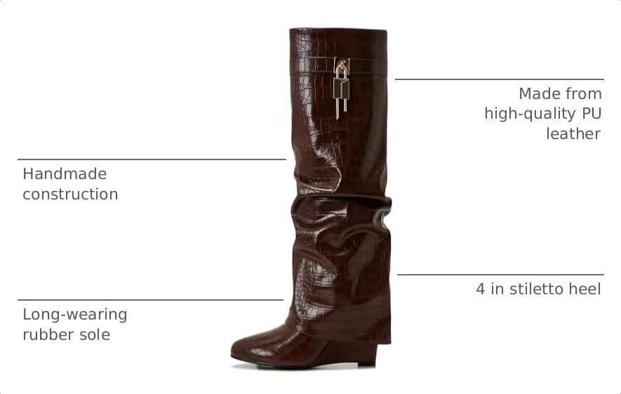 Image of Fold Over Boots for Women Pointy Pull-on Wedge Heel Knee Shark Boot With Side Zipper Padlock Design