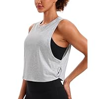 CRZ YOGA Pima Cotton Summer Gym Sleeveless Vest Tops for Women Light Elastic Running Crop Top Loose Crew Neck Yoga Shirt Light Grey Heather 10