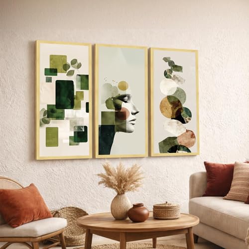 Image of PAINTINGMANTRA Abstract Botanical & Face Framed Wall Art Set of 3 | Modern Boho Green Tone Wall Decor |Engineered Wood Frame Art for Living Room, Bedroom & Office, 8.9x18.9 Inch
